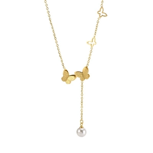 Elegant gold butterfly tassel necklace with pearl pendant on a minimalist white background