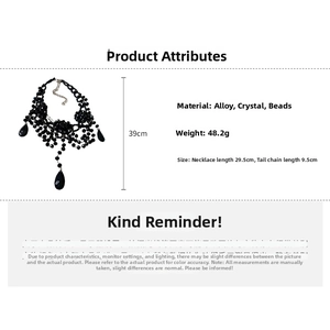 Detailed size specifications of black layered crystal bead necklace with water drop pendants