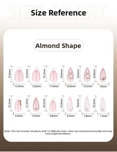 Size chart showing 24 pieces of almond-shaped press-on nails in 12 different dimensions