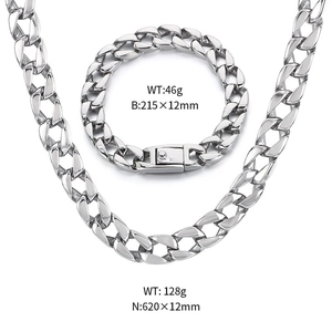 Detailed macro view of 12mm stainless steel Cuban chain necklace and bracelet set