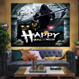 Detail of Halloween tapestry with grim reaper and pumpkins hung on a living room wall