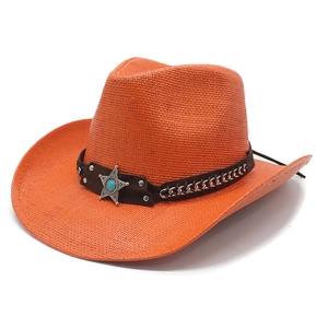 Chapeau de cowboy tressé orange vif avec emblème étoile et perle turquoise chic
