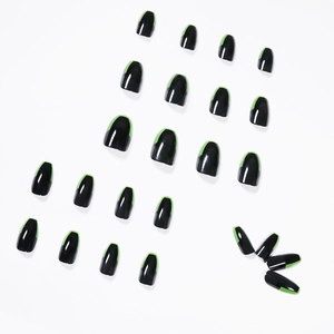 Faux ongles ballerine minimalistes noir et vert fluo contrastés, lot de 24 pièces
