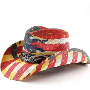 Western Cowboy Straw Hat US Flag Stars And Stripes Distressed Vintage Wide Brim Sun Protection For Outdoor Party