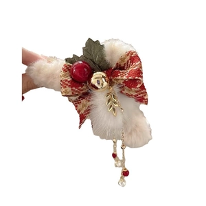Christmas plush shark clip with red plaid bow and golden bells tassel hair accessory