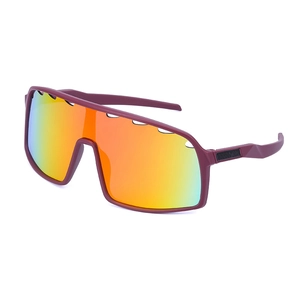 Sport cycling sunglasses with oversized orange gradient lenses and ventilated burgundy frame