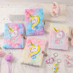 Unicorn Plush Notebook With Lock And Key Tie Dye Faux Fur Embroidered Secret Diary Journal Gift For Girls School Student