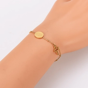 Minimalist gold stainless steel charm bracelet with religious disc and cross pendants