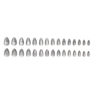 30-piece silver grey cat-eye press-on nails set with elegant blue bow designs