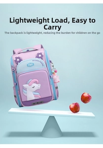 Lightweight pink and blue unicorn school bag balanced with apples on a scale