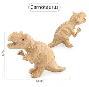 Detailed view of Carnotaurus dinosaur toy model in matte gold finish, 6cm high by 8.5cm long