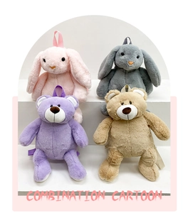 Cartoon plush animal backpacks featuring bunny and bear designs in soft pastel colors