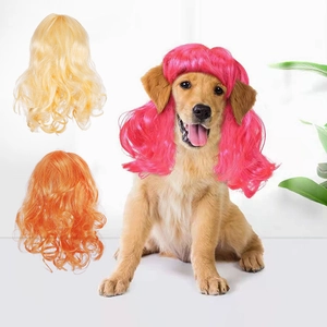 Vibrant pet wig collection for dogs in pink, gold, and orange wavy synthetic hair styles