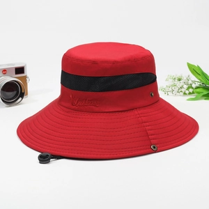 Red breathable outdoor sun hat with wide brim and adjustable chin strap for hiking