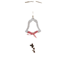Nordic wooden wind chime ornament with red white checkered bow and festive bell hanging