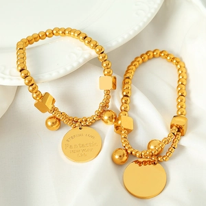 New Chinese Style Titanium Steel 18K Gold Plated Beaded Bracelet Engraved Round Tag Geometric Square Bead Unisex Jewelry Gift