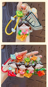 Detailed close-up of cute Tang dynasty style cartoon dolls as colorful keychains