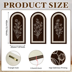 Detail view of 0.5cm thick wooden arch wall art with metal hooks and sizing specifications