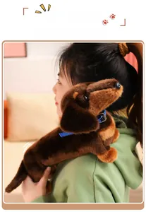 Close-up of a plush dachshund dog toy featuring a blue plaid collar and soft brown fur texture