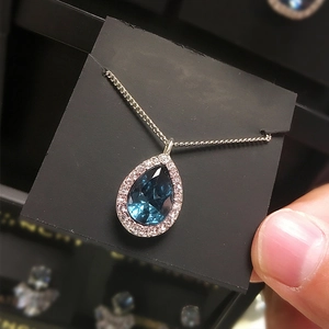 Copper Zircon Water Drop Pendant Necklace Blue Pear Shape Halo Elegant Vintage Jewelry For Women
