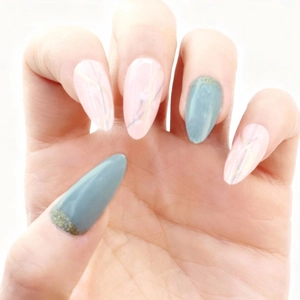 Press On Nails Almond Shape Floral Apricot Flower Glossy Blue Pink Gradient Gold Glitter Plastic Artificial False Fingernails