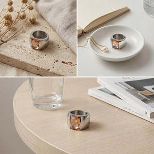 Detailed view of silver titanium steel ring with rectangle champagne stone in lifestyle settings