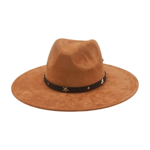 Detail of camel suede fedora with brown leather band featuring silver star studs