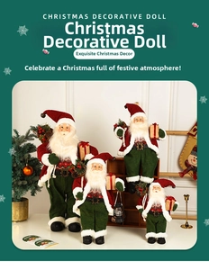 Detail of plush Santa Claus figurines with miniature gift box and lantern accessories