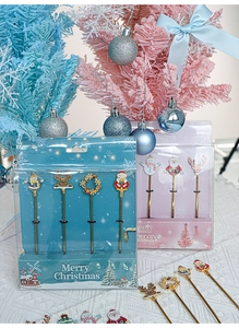 Golden Christmas coffee spoon set with Santa Claus and Reindeer enamel charms