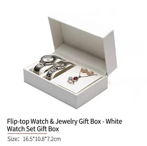 Detailed view of white PU leather watch and jewelry box with dimensions 16.5x10.8x7.2cm