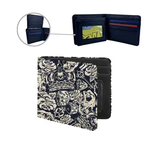 Men's bifold PU leather wallet featuring retro skull and rose tattoo print design