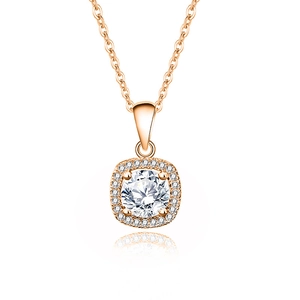 Elegant rose gold S925 silver necklace with square halo moissanite pendant on white background