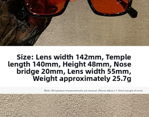 Detailed size chart for retro square sunglasses with frame dimensions and weight