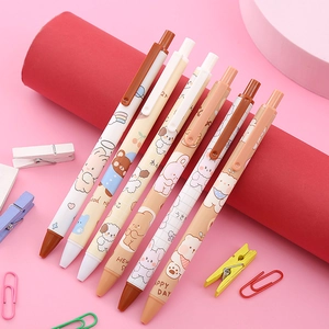Set of 6 retractable gel pens with cute brown cartoon patterns on a pink background