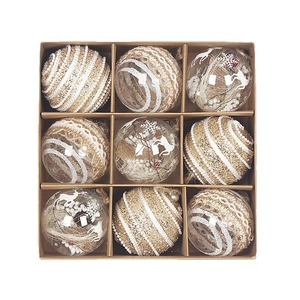 9-piece gold and white Christmas ball set with twine and glitter in a 3x3 gift box