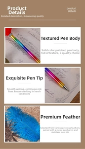 Macro shot of iridescent gradient metal barrel and stainless steel nib of the feather pen