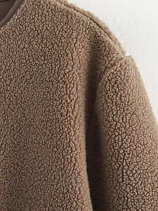 Close-up of brown fleece jacket showing textured fuzzy fabric and collar details