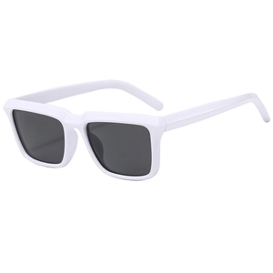 Classic retro square white sunglasses with dark grey lenses in a minimalist street style
