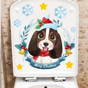 Christmas toilet lid sticker featuring a cute beagle dog with Merry Christmas greeting
