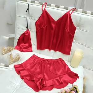 Pyjama Satin Caraco Et Short À Volants Avec Sac De Rangement Soyeux Col En V Sans Manches Homewear Femmes