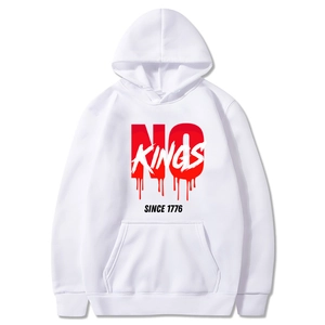 Detail of white Christmas hoodie with 'NO KINGS SINCE 1776' red and white graphic print