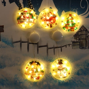Christmas LED Hanging Lights Warm Yellow Suction Cup Decorative Lamp Window Wall Decoration Santa Snowman Tree Pattern Battery Operated Plastic Festive