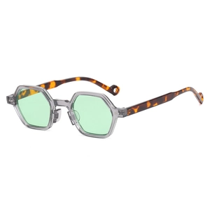 Classic vintage polygonal sunglasses with grey frames and green lenses for fashion