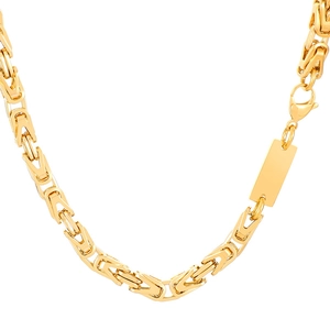 Gold titanium steel Byzantine king chain necklace with rectangular engravable tag pendant