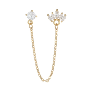 Detail view of 18K gold chain earring featuring round and marquise-cut zircon stones