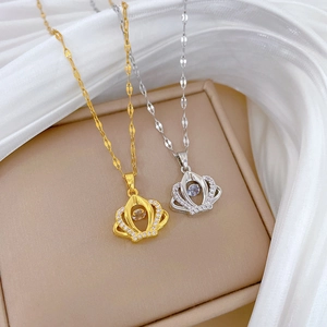 Elegant Crown Pendant Necklace With Dancing Moving Zircon Stone In Titanium Steel And Copper For Women Luxury Jewelry