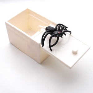 Detail showing a jump scare prank box with a realistic black spider emerging from it