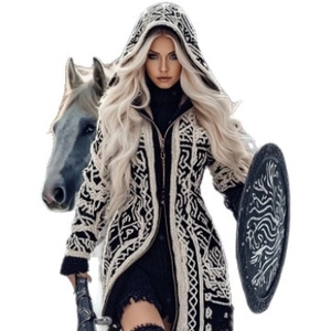 Retro hooded knit cardigan with black and white geometric jacquard in Viking style
