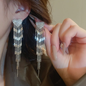 Elegant long silver heart tassel earrings with sparkling rhinestones for a luxury look