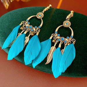 Détail de boucles d'oreilles bohèmes avec plumes bleues, anneaux dorés et feuilles